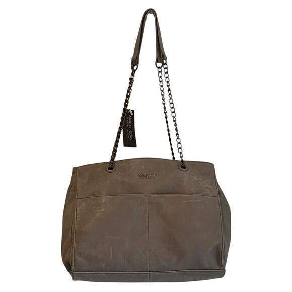 American Leather Co Womens Saco Chain Satchel Grey Smooth Leather Shoulder Bag - Picture 1 of 16